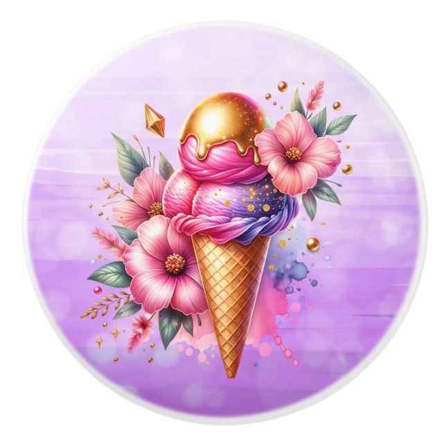 Pretty Pink and Gold Ice Cream Cone Birthday Ceramic Knob (Front)