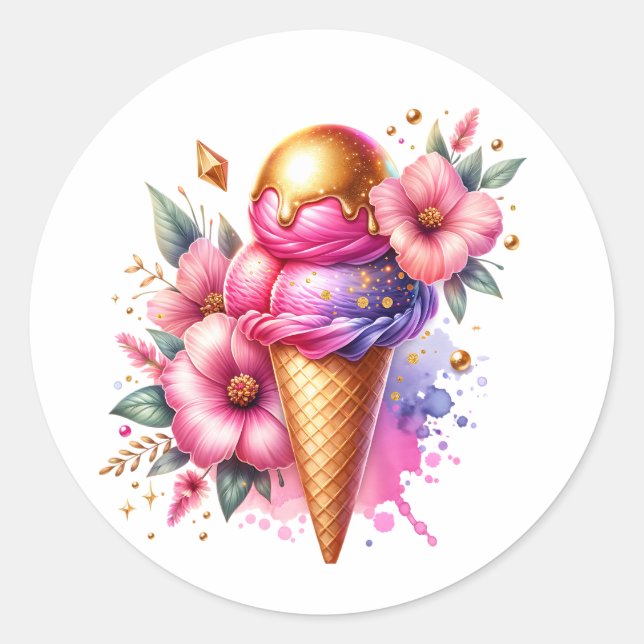 Pretty Pink and Gold Ice Cream Cone Birthday Classic Round Sticker (Front)