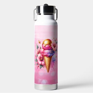 Pretty Pink and Gold Ice Cream Cone Personalised Water Bottle