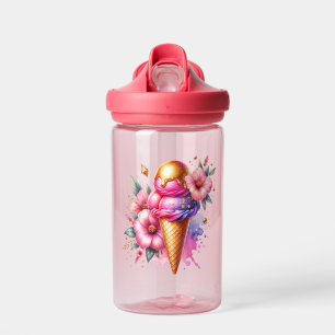 Pretty Pink and Gold Ice Cream Cone Personalised Water Bottle