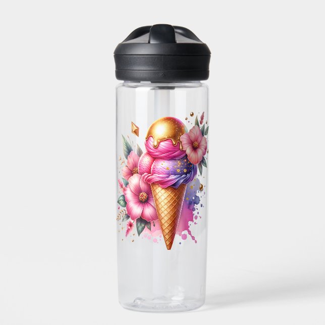 Pretty Pink and Gold Ice Cream Cone Personalised Water Bottle (Front)