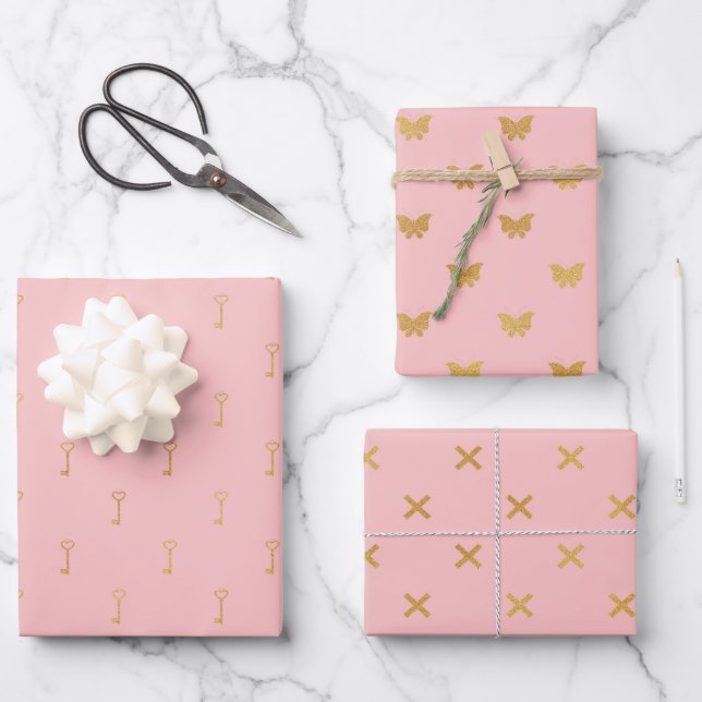 Pretty Pink and Gold Patterns Wrapping Paper Sheet (Front)
