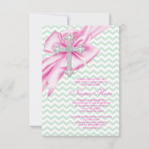 Pretty Pink and Green Chevron First Communion Invitation