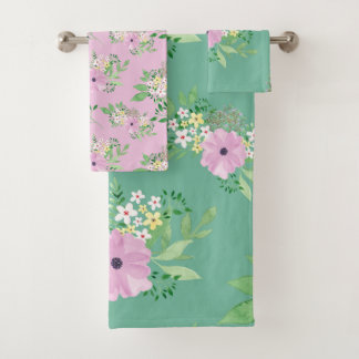 Pretty Pink and Green Floral Bath Towel Set