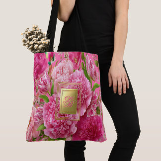 Pretty Pink and Green Floral Monogram Garden  Tote Bag