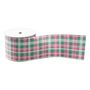 Pretty Pink And Green Plaid Chequered Pattern  Grosgrain Ribbon