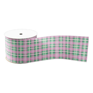 Pretty Pink And Green Plaid Chequered Pattern  Grosgrain Ribbon
