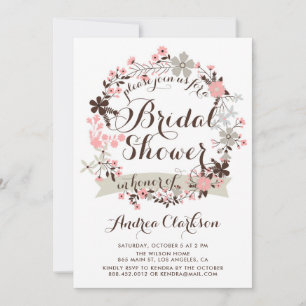 Pretty Pink and Grey Floral Wreath Bridal Shower Invitation