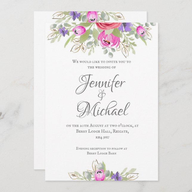 pretty, pink and lilac watercolour  tulip floral invitation (Front/Back)