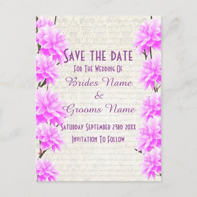 Pretty pink and mauve floral save the date announcement postcard (Front)
