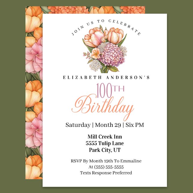 Pretty Pink and Orange Tulip 100th Birthday Invitation (Creator Uploaded)