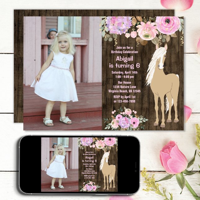 Pretty Pink and Purple Flower Photo Horse Birthday Invitation (Creator Uploaded)