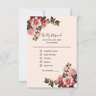 Pretty pink and red roses green wedding RSVP card