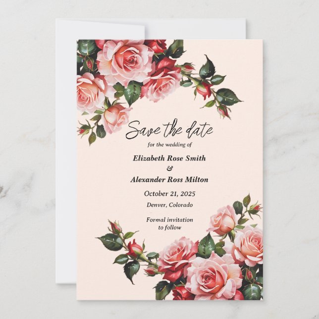 Pretty pink and red roses green wedding save the date (Front)