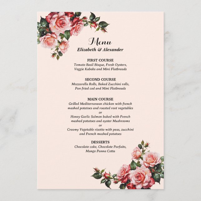 Pretty pink and red roses wedding menu (Front)