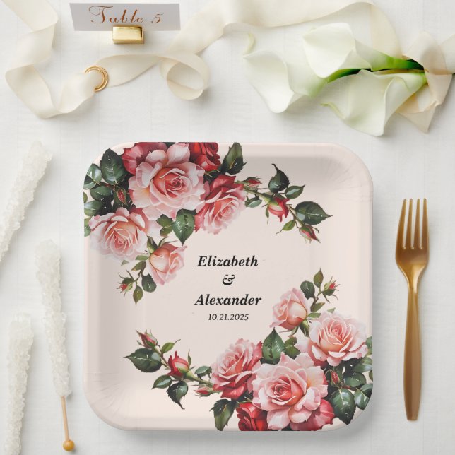 Pretty pink and red roses wedding paper plate (Wedding)