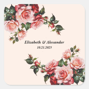 Pretty pink and red roses wedding square sticker
