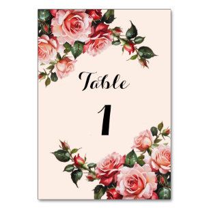 Pretty pink and red roses wedding table number