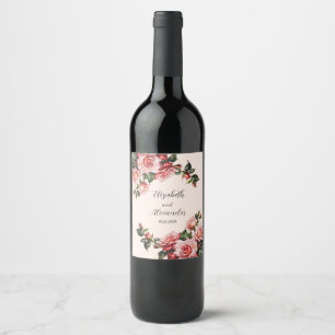 Pretty pink and red roses wedding wine label