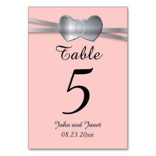 Pretty Pink and Silver Wedding Love Hearts Table Number