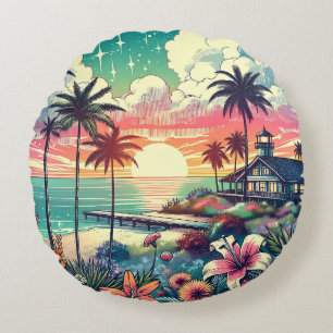 Pretty Pink and Turquoise Coastal  Round Cushion