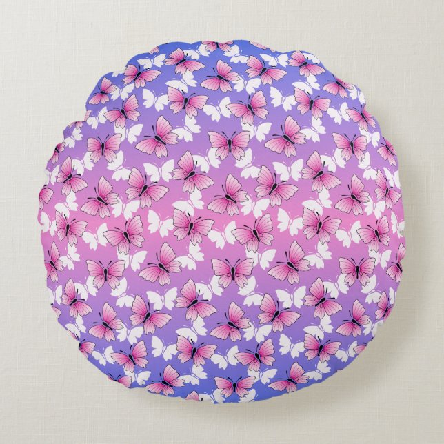 Pretty Pink and White Butterfly Round Pillow  (Front)