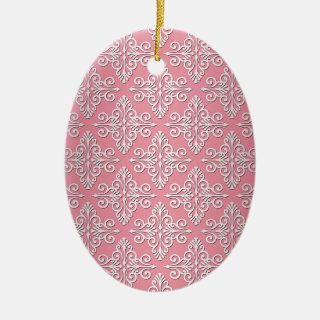 Pretty Pink and White Damask Pattern Ceramic Tree Decoration (Front)