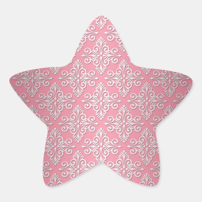 Pretty Pink and White Damask Pattern Star Sticker (Front)