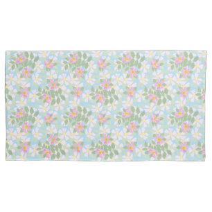 Pretty Pink and White Dog Roses on Sky Blue Pillowcase