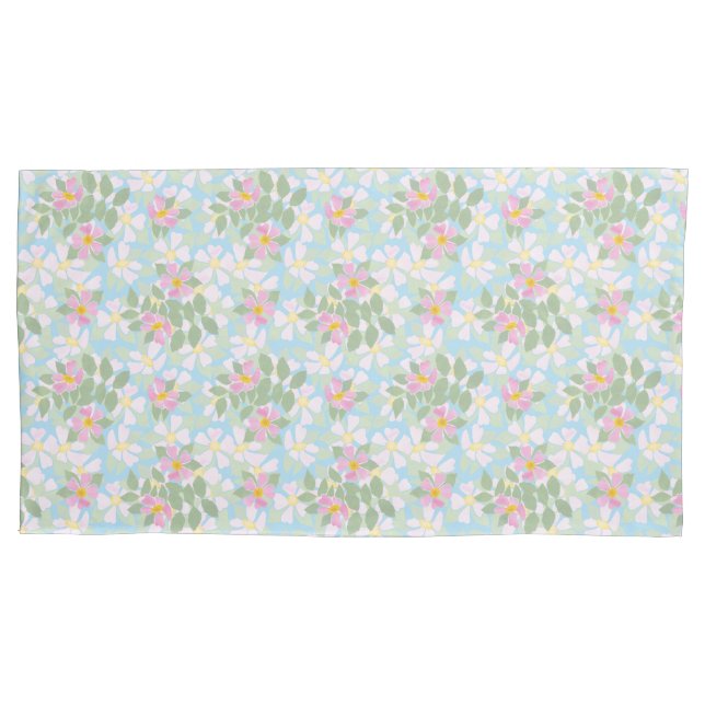 Pretty Pink and White Dog Roses on Sky Blue Pillowcase (Front-Left)