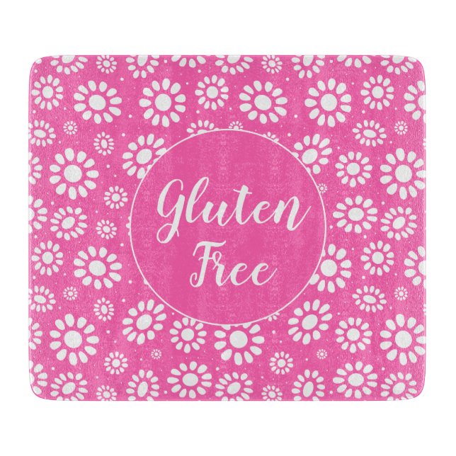 Pretty Pink and White Floral Gluten Free Celiac Cutting Board (Front)