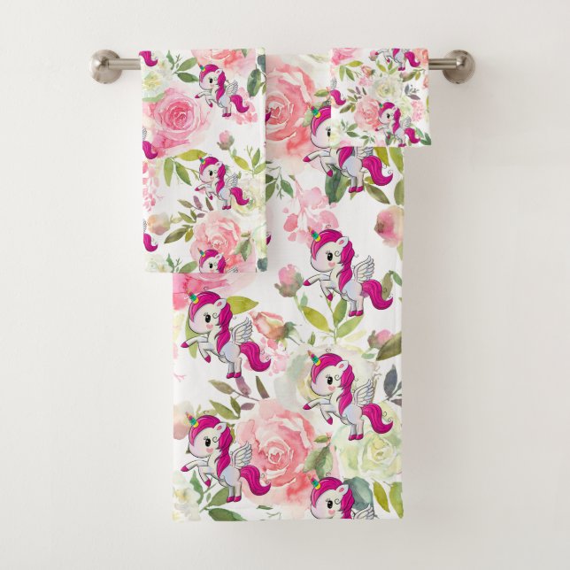Pretty Pink and White Flowers Rainbow Unicorn Bath Towel Set (Insitu)