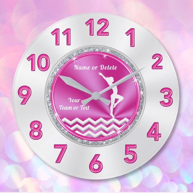 Pretty Pink and White Gymnastics Gifts for Girls Large Clock (Girls gymnastics bedroom decor. Pink, White and Silver, Gymnastics Clock. Gifts for Gymnasts. )