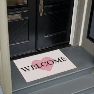 Pretty Pink and White Heart Front Door Doormat