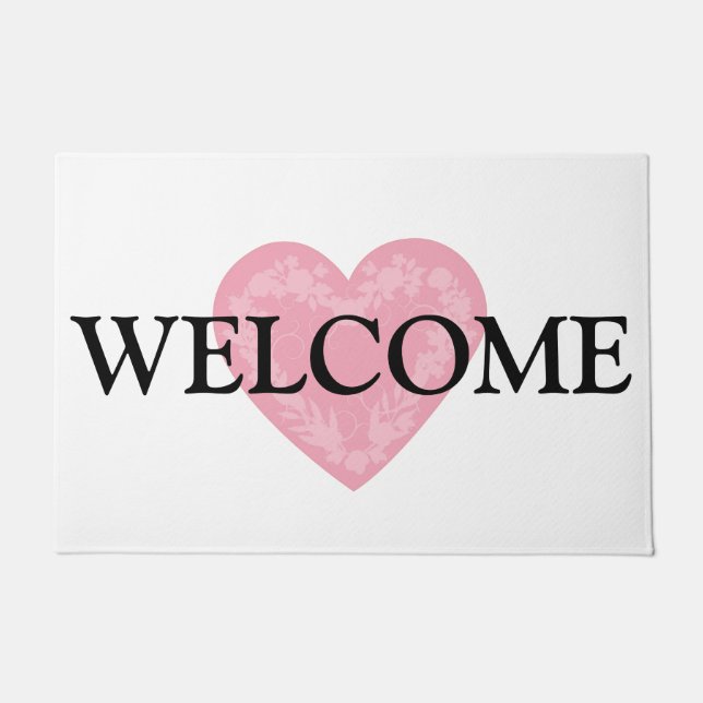 Pretty Pink and White Heart Front Door Doormat (Front)