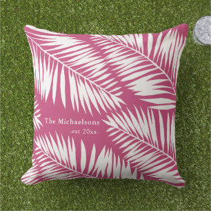 Pretty Pink and White Palms with Family Name Cushion