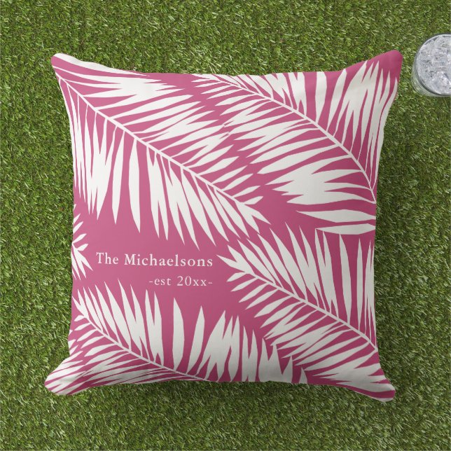 Pretty Pink and White Palms with Family Name Cushion (Grass)