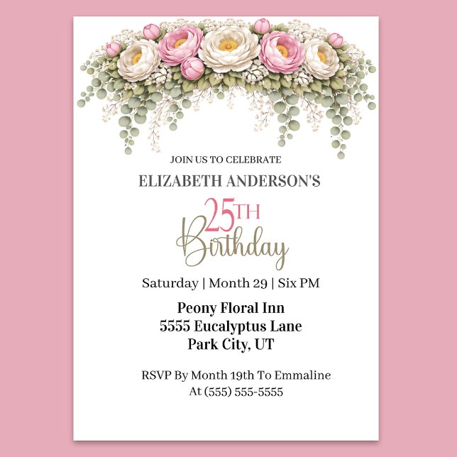 Pretty Pink and White Peony 25th Birthday Invitation (Elegant pink peony and eucalyptus floral 25th birthday party invitation)