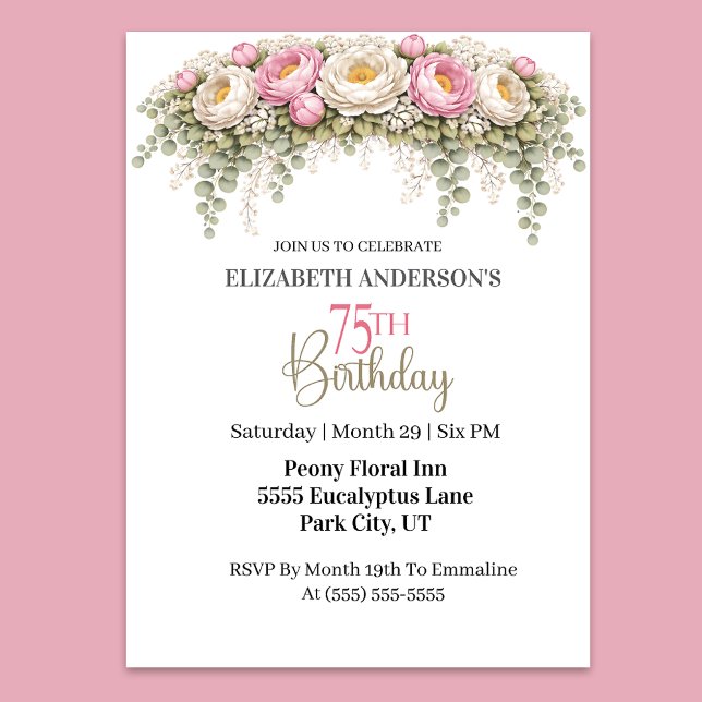 Pretty Pink and White Peony 75th Birthday Invitation (Elegant pink and white peony floral 75th birthday invitation)