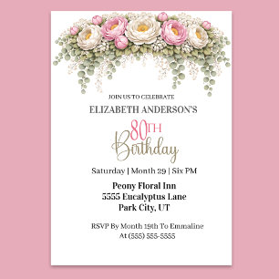 Pretty Pink and White Peony 80th Birthday Invitation