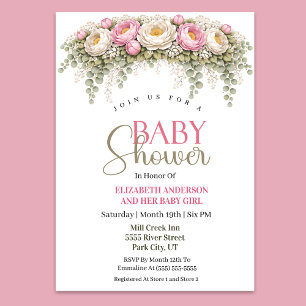 Pretty Pink and White Peony Girl Baby Shower Invitation