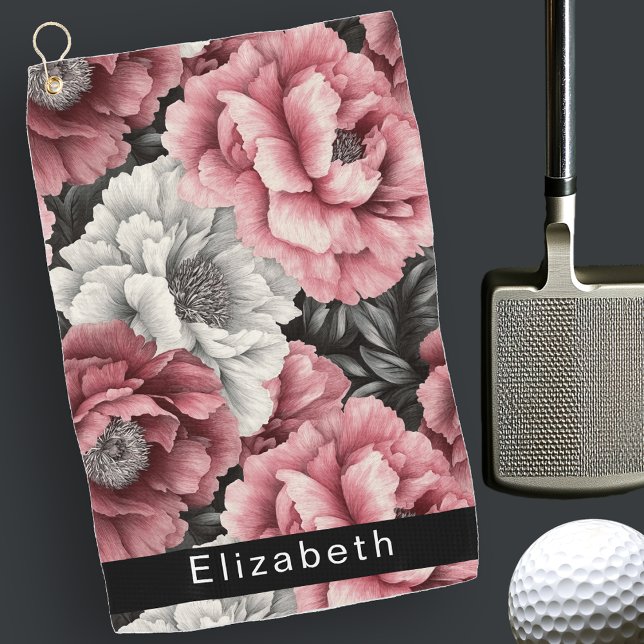 Pretty Pink and White Peony Personalised Golf Towel (Creator Uploaded)