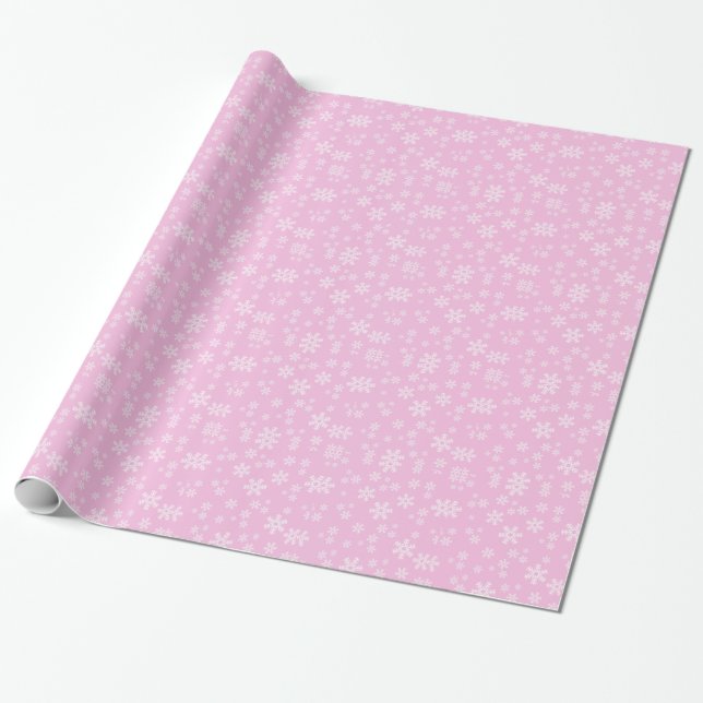 Pretty Pink and White snowflakes Wrapping Paper (Unrolled)