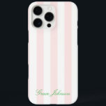 Pretty Pink and White Stripe Paris Inspired iPhone 16 Pro Max Case<br><div class="desc">Pretty Pink and White Stripe Paris Inspired iPhone 16 Pro Max Case.  Pink and Green theme.  Option to change the pink background colour to any colour of choice.  Option to change text and text colour.</div>