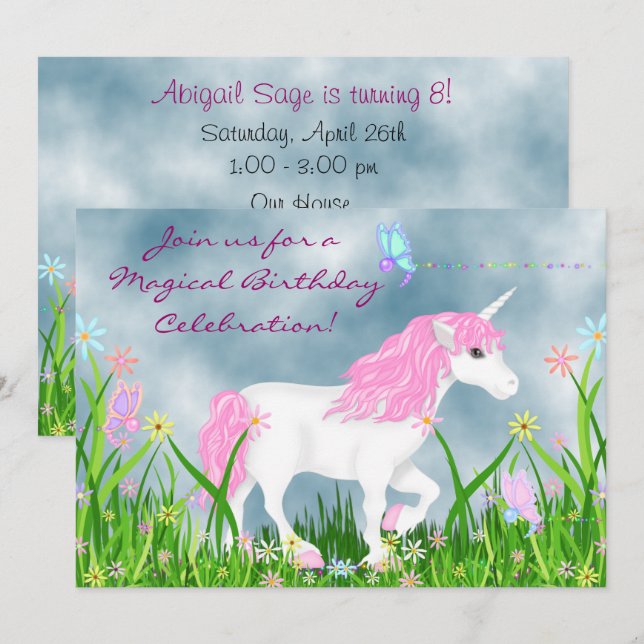 Pretty Pink and White Unicorn Magical Birthday Invitation (Front/Back)