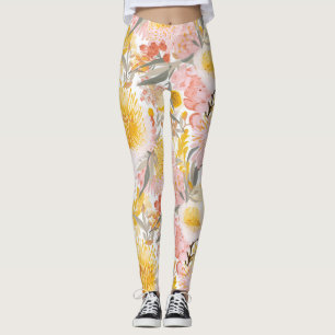 Pretty pink and yellow floral pattern leggings