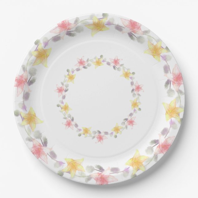 Pretty Pink and Yellow Lily Floral Party Paper Plate (Front)