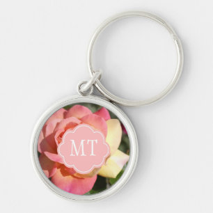 Pretty pink and yellow rose flower, custom key ring