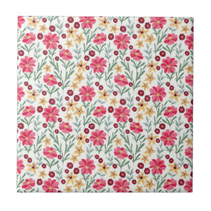 Pretty Pink and Yellow Vintage Floral Pattern Ceramic Tile