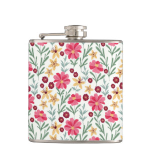 Pretty Pink and Yellow Vintage Floral Pattern Hip Flask